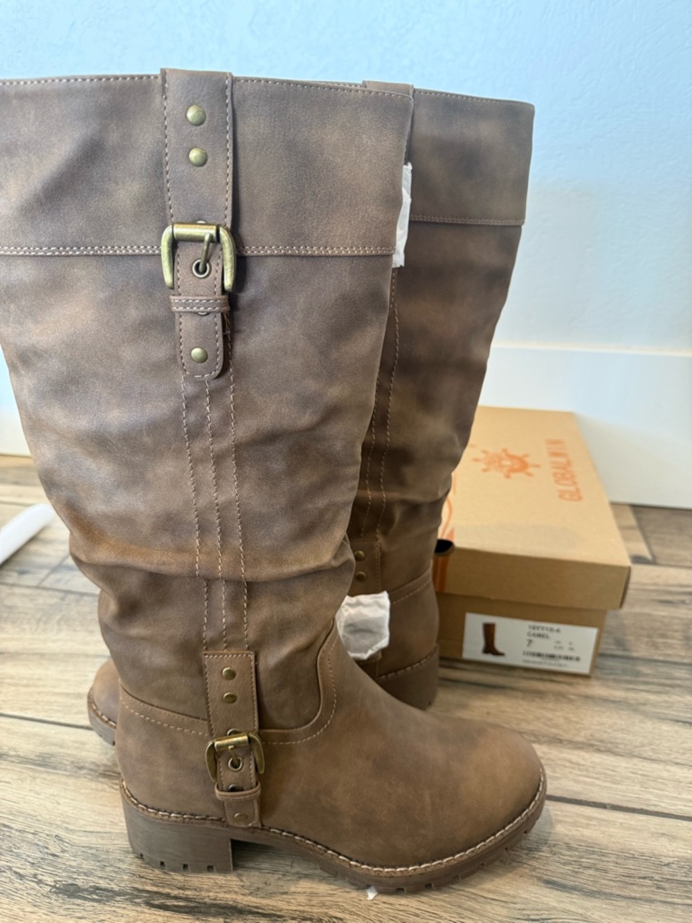 Global Win Brown Mid-Calf Faux-Leather Riding Boots with Buckle